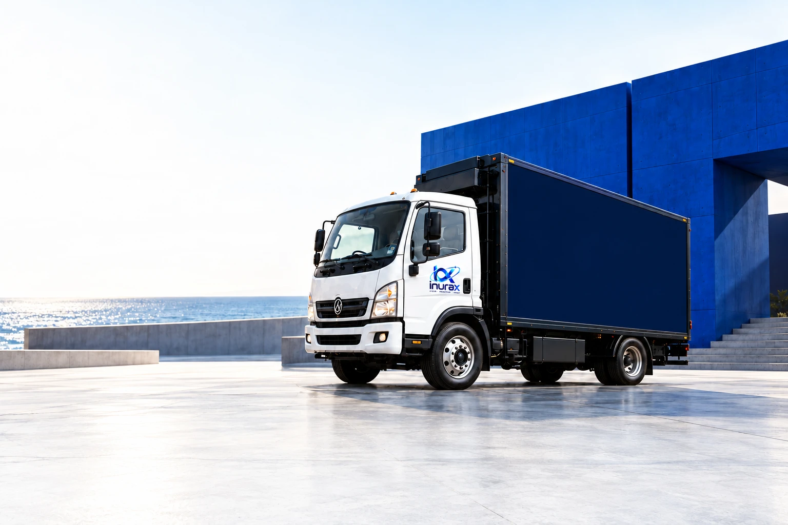 INURAX advertising truck in a conceptual blue architectural setting